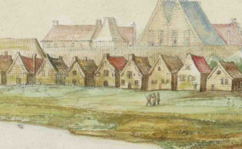 Dutch Settlement in New Amsterdam, later Manhattan. Painting in delightful watercolor. wash.