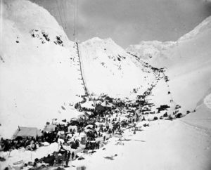 Klondike Gold Rush, Chikoot Pass, 1898. Men and snow.