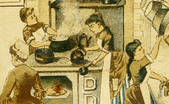 1880 Cooking School. Students cooking with kettles, pots and pans as a meal is cooking in the open oven. One women reaches for a pan to do the dishes.