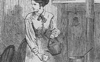 Woman in kitchen at wood-burning cook stove from 1860s pouring from kettle to tea cup.