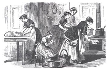 An animated picture of four women and one girl in kitchen working together to make apple pies.