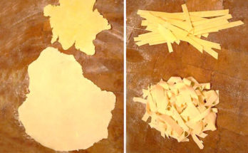 comparing noodle dough with resulting noodles.
