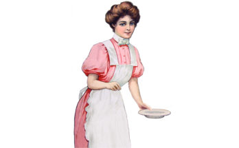 women with apron carrying plate to catch meat after the meat is ground.