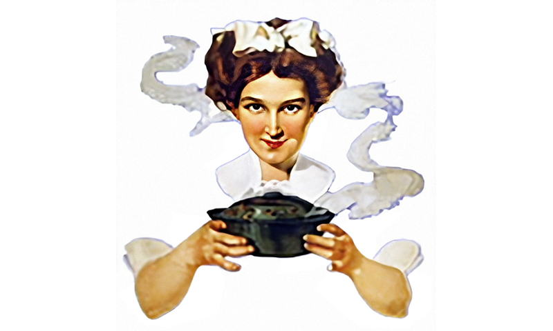 Mysterious woman serving a casserole.