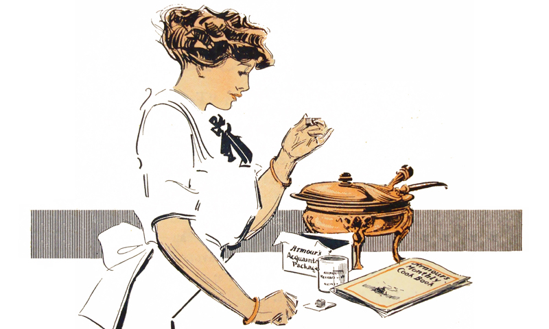 young woman cooking a ham meat recipe using a chafing dish.