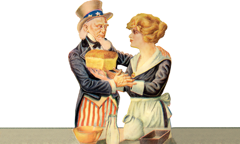 Uncle Sam giving solace and guidance for wheat substitutes in bread making during WWI.