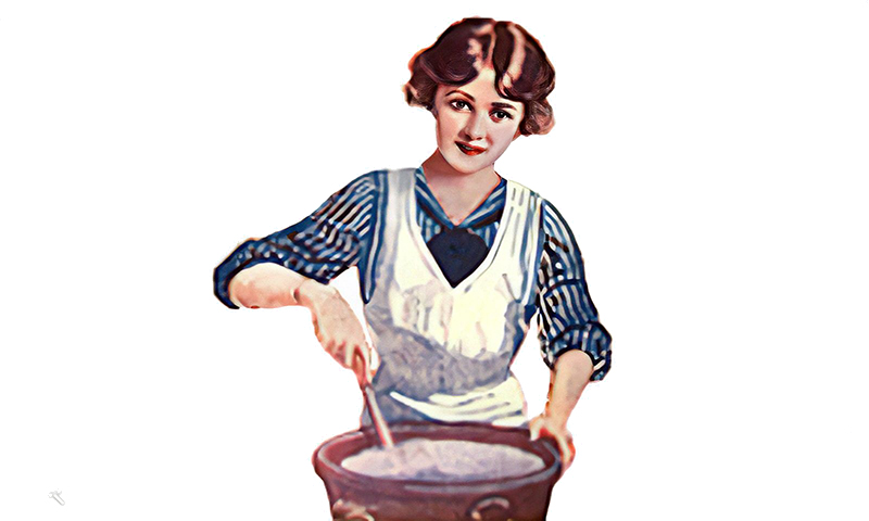young woman stirring baking batter.