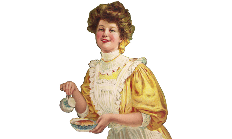 Victorian woman dressed in a yellow dress and white apron pouring milk over bowl of shredded wheat cereal.