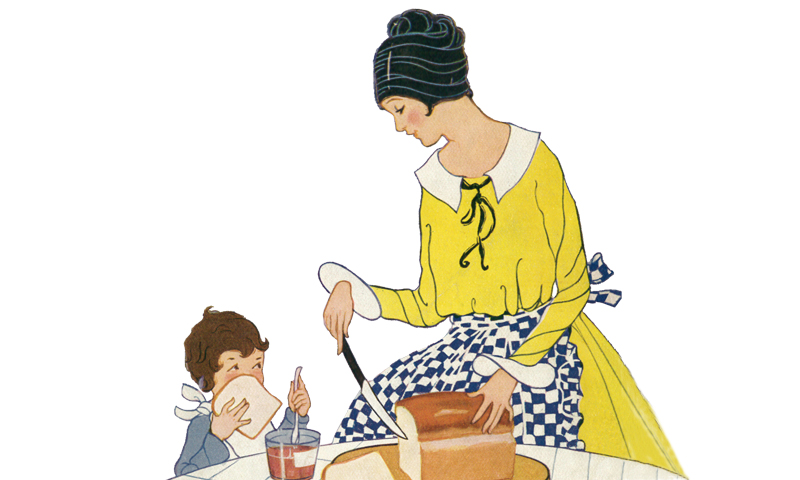 Elegant mother making bread and jam for her child.