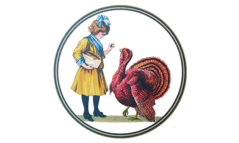 Aristos Flour. Children holding a loaf of bread, talking with a turkey.