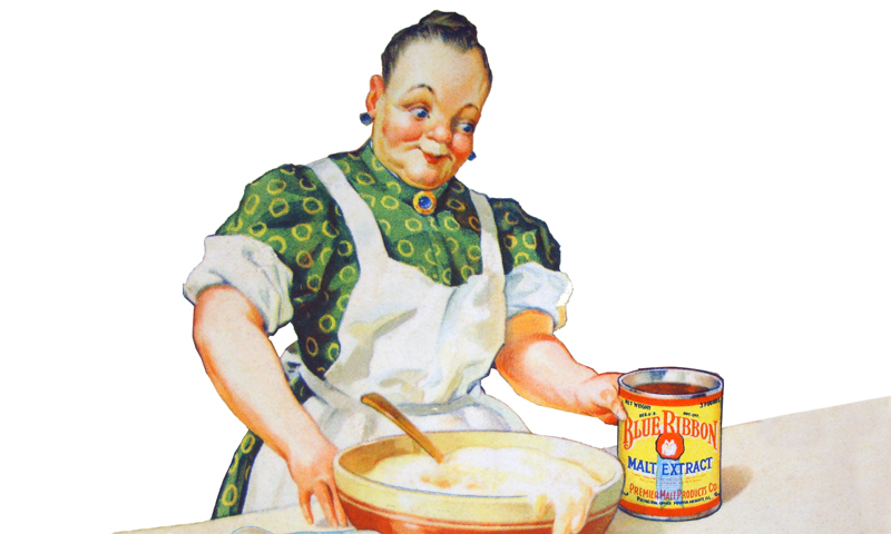 woman standing at counter table with mixed malt extract in bowl foaming over.