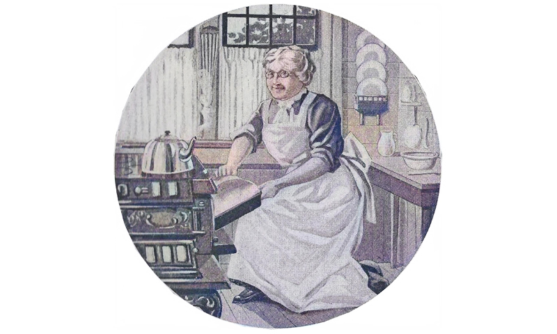 Grandmother-aged woman wearing white apron taking baked goods from the oven.