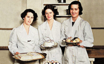 Three students at Miss Farmer's School of Cookery holding decorated cakes.