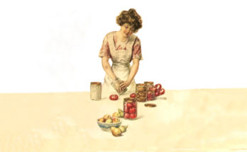Golden State Jars, circa 1910s. Young woman processing fruit in cans.