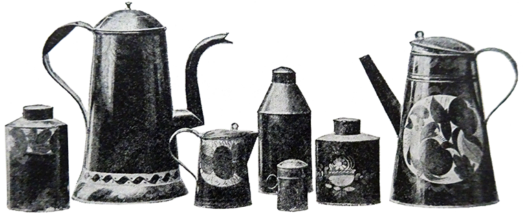 Early American tinware, stovetop kettles, and canisters.
