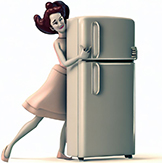 woman dancing with a 1940s refrigerator.