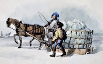 horse pulling a cart full of ice blocks to be delivered for home refrigeration, circa 1840.